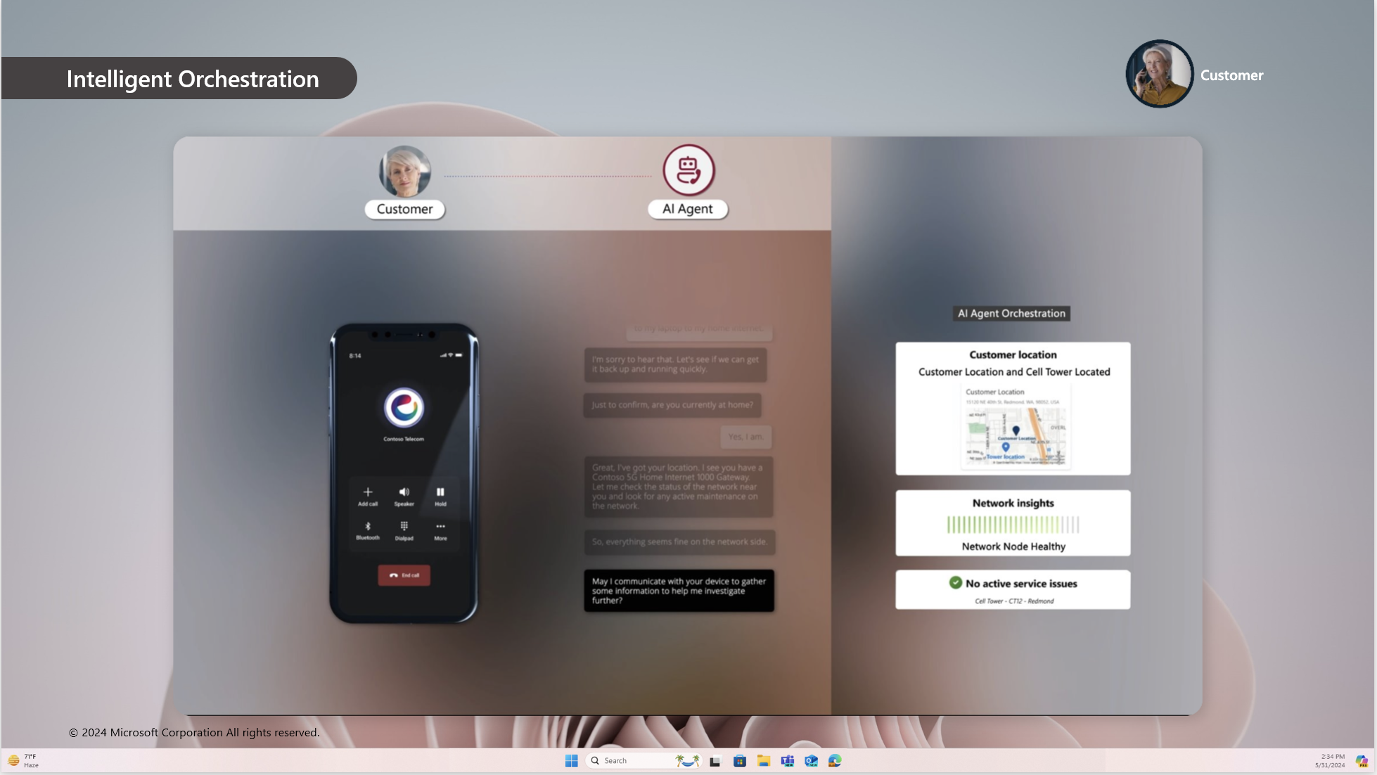 Intelligent orchestration: the AI agent runs device diagnostics and shares network status while troubleshooting with the customer over voice