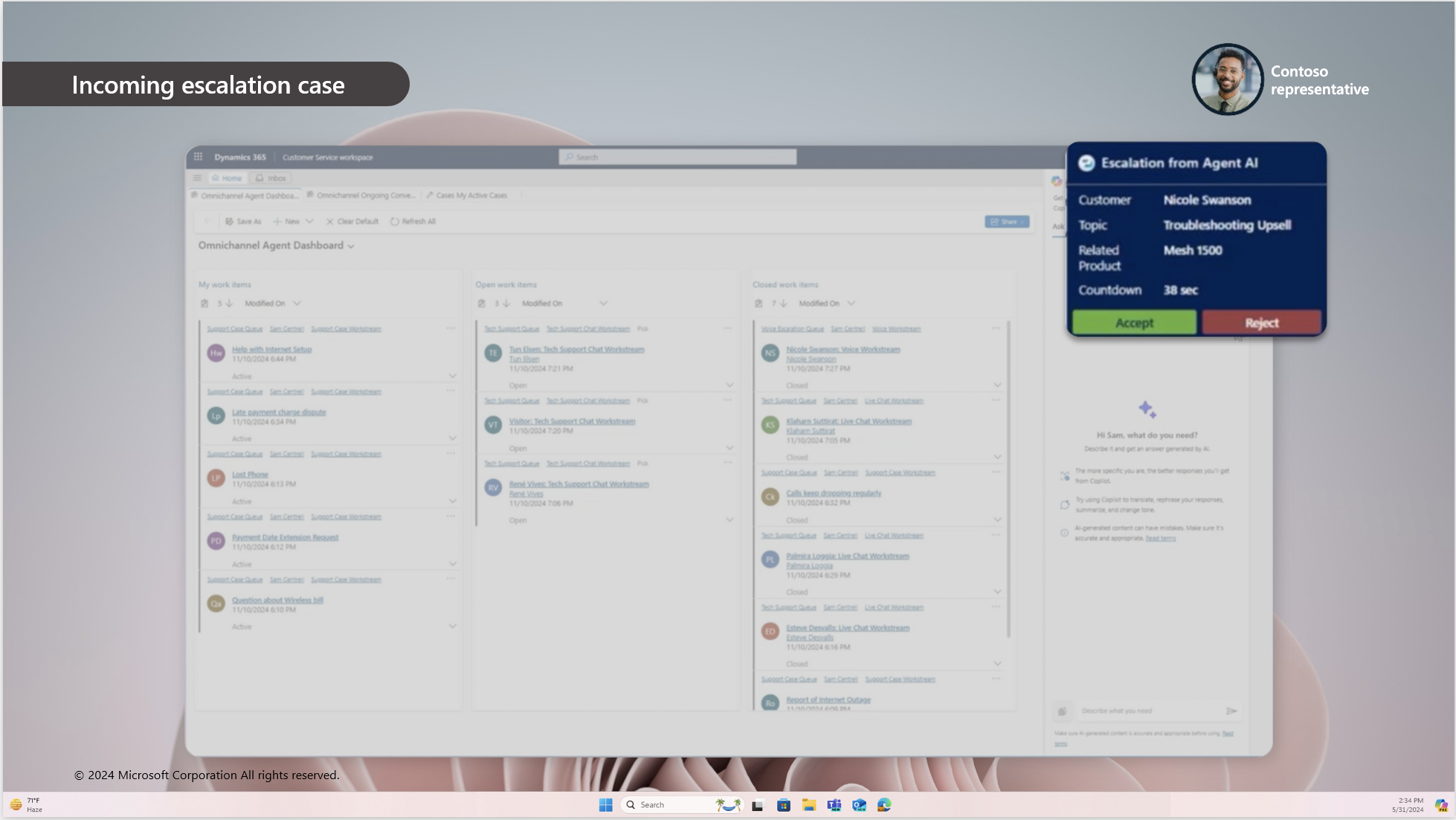 Incoming escalation case: the representative's Dynamics 365 workspace surfaces an AI Agent escalation with customer, topic, and related product context before they accept