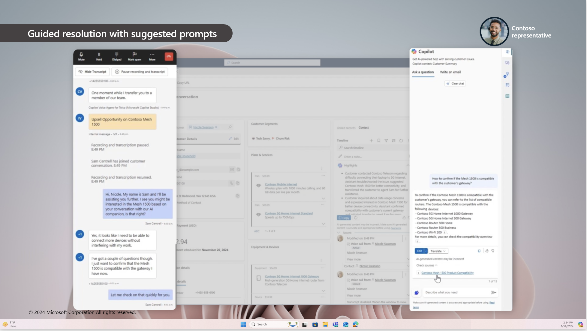 Guided resolution with suggested prompts: the representative's call transcript alongside a Copilot panel answering a product-compatibility question with cited sources