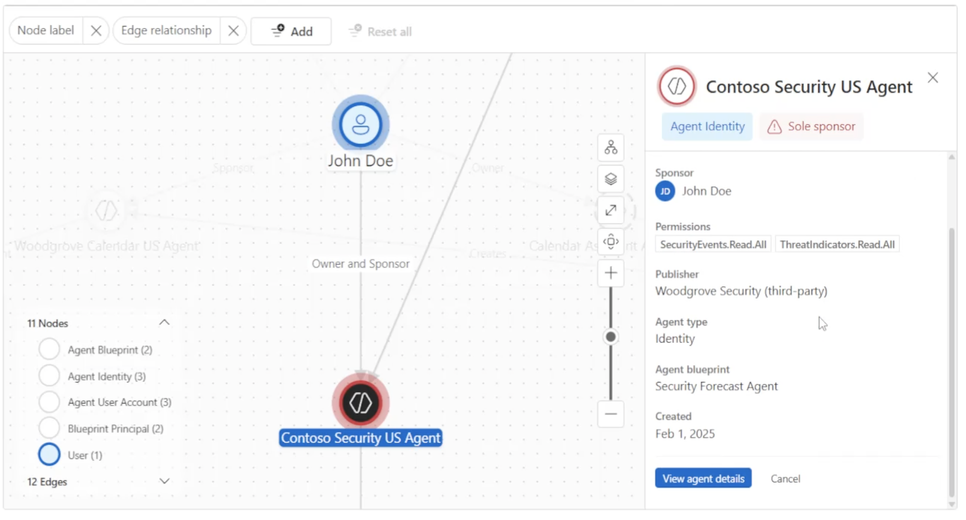 Agent accountability graph surfacing a warning on a risky agent relationship