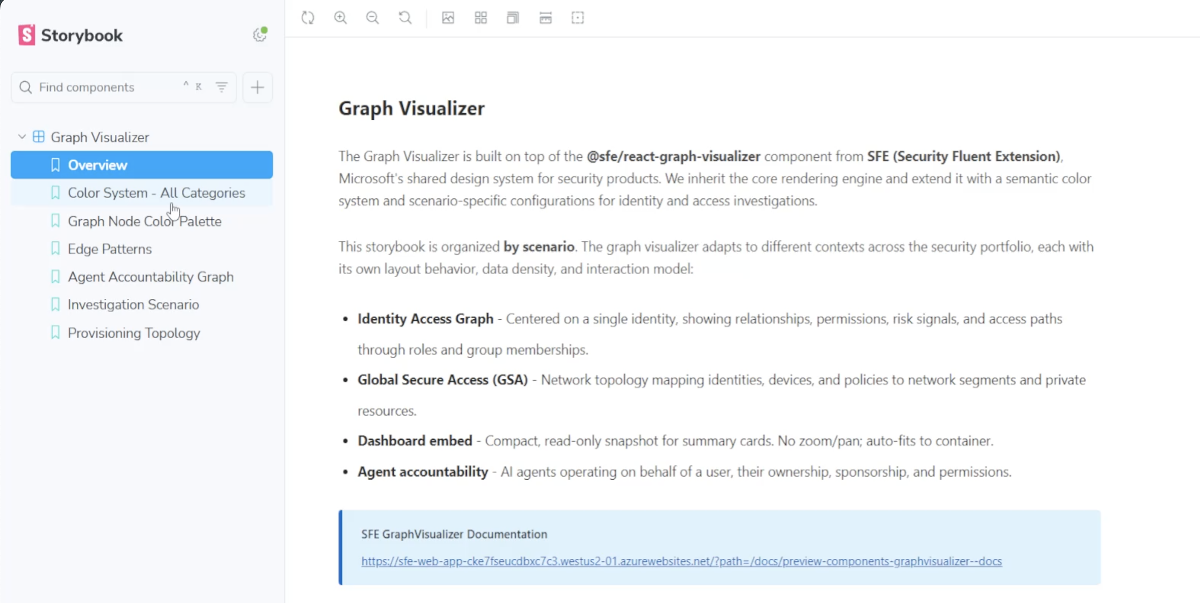Storybook documentation describing the Graph Visualizer component and the scenarios it supports across the security portfolio